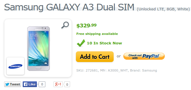 The Samsung Galaxy A3 can also be purchased online from Expansys USA