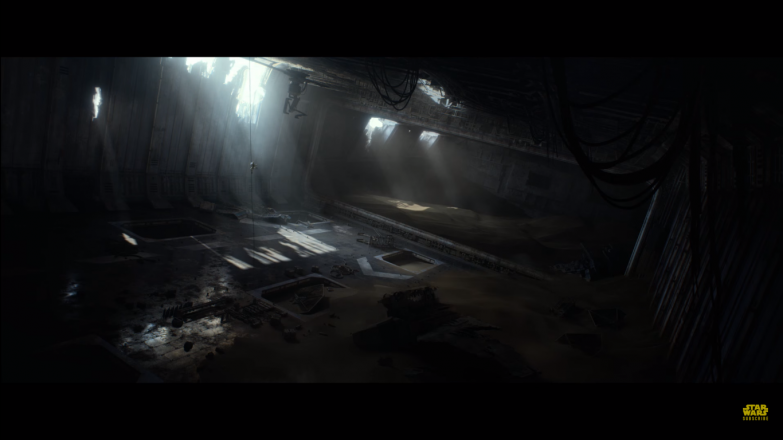 What is assumed to be the interior of the Executor class Super Star Destroyer seen on Jakku, with Rey presumably scavenging what she can from it