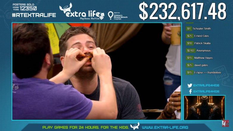 Adam Kovic of Funhaus learning exactly how many donuts he can fit in his mouth